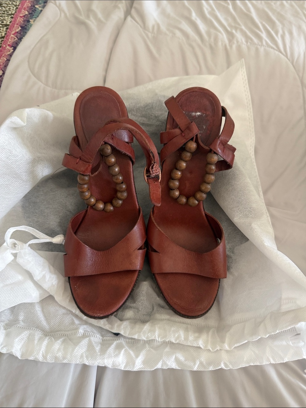 UGG Brown Leather Beaded Strap Heels